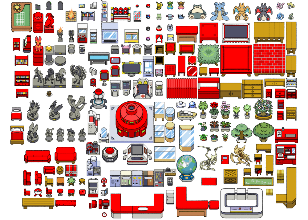 A preview containing every object featured in the Pokemon Indoor Objects asset pack.
