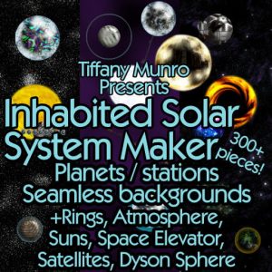 Inhabited Solar System Maker with Technology, Celestial Objects, Starfields planets suns dyson sphere space elevator atmosphere rings add ons seamless star fields sci-fi science fiction scifi map making kit