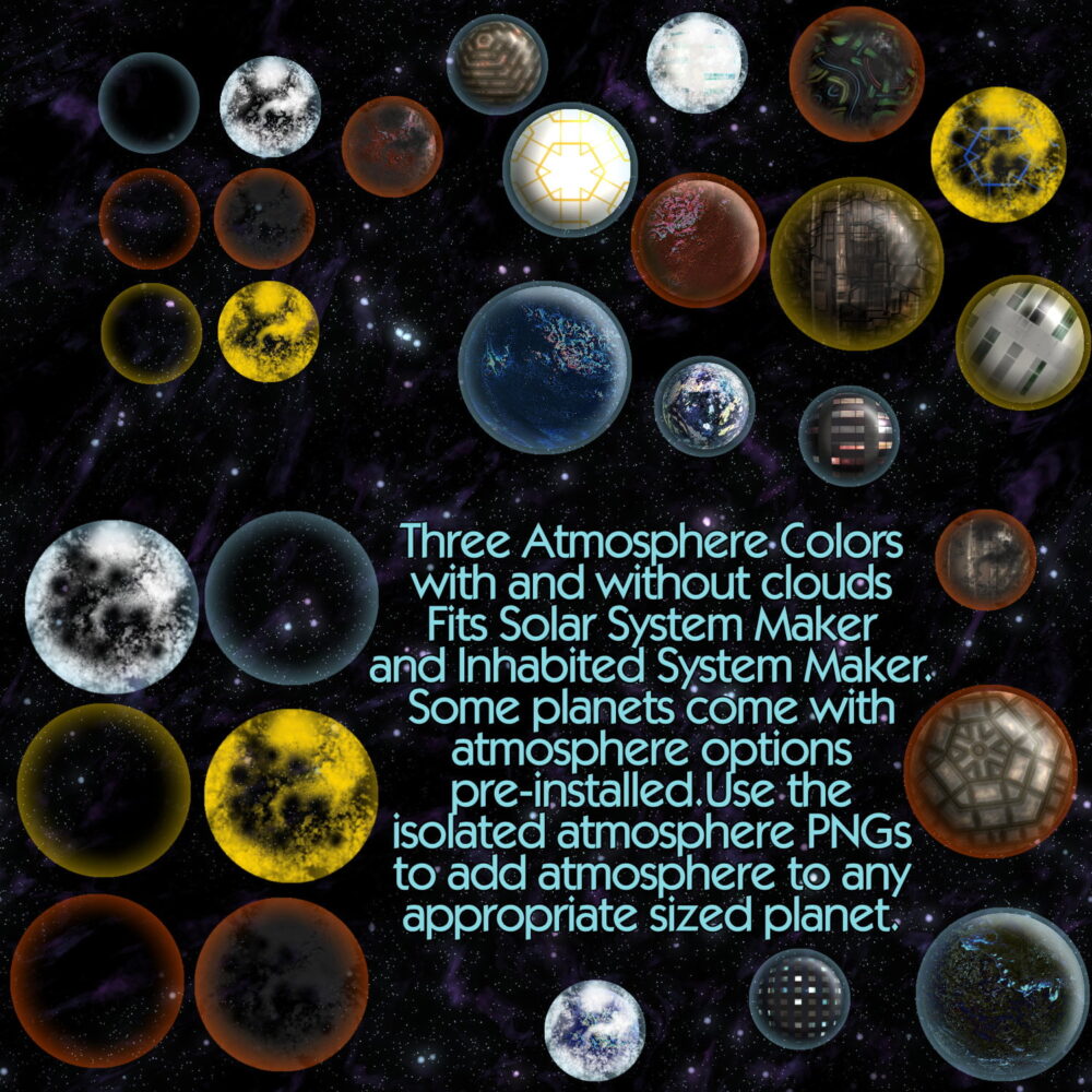 Inhabited Solar System Maker with Technology, Celestial Objects, Starfields planets suns dyson sphere space elevator atmosphere rings add ons seamless star fields sci-fi science fiction scifi map making ki atmosphere overlay demo