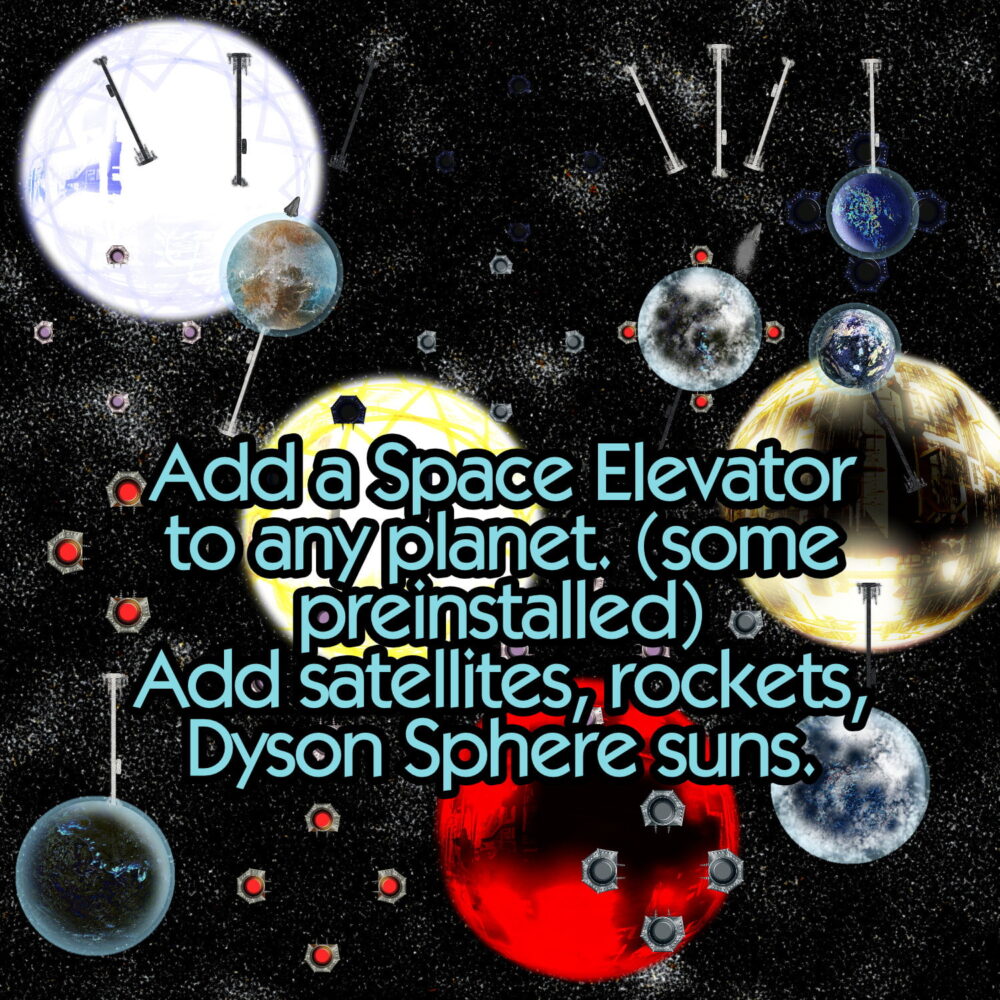 Inhabited Solar System Maker with Technology, Celestial Objects, Starfields planets suns dyson sphere space elevator atmosphere rings add ons seamless star fields sci-fi science fiction scifi map making kit tech dyson sphere artificial sun space elevator satellites rockets demo