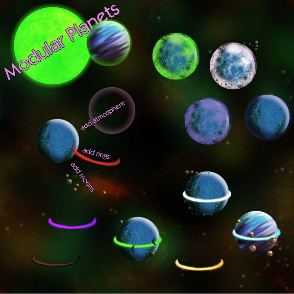 Colorful Space Kit with Planets, Suns, Moons, Rings, Seamless Nebula Starfields, Quasars and Pulsars
