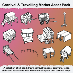 Title Image: Carnival & Travelling Market Asset Pack. A selection of 51 hand drawn carnival wagons, caravans, tents, stalls and attractions with which to make your own carnival maps.