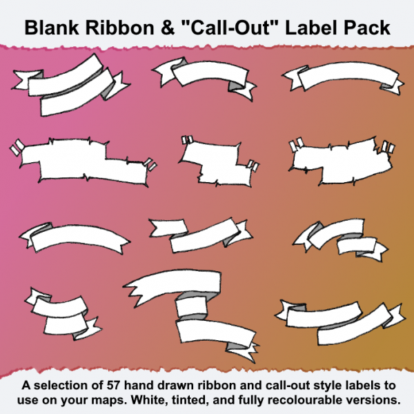 Blank Ribbon and "Call-Out" Label Pack - A collection of 57 hand drawn ribbon and call-out style labels to use on your maps. White, tinted, and fully recolourable versions.