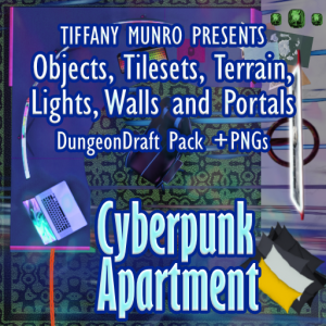 Cyberpunk home apartment bedroom bathroom kitchen computer desk assets for DungeonDraft battlemap virtual tabletop