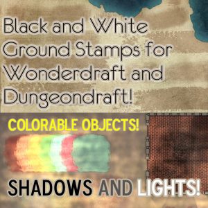 Black and white ground ink stamps for Wonderdraft and Dungeondraft colorable objects shadows and lights by Feed the Multiverse Tiffany Munro