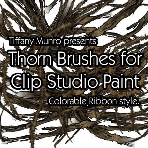 10 Thorn Root Branch Bramble brushes for Clip Studio Paint 10 Cartoon style thorn, root, branch and bramble brushes for Clip Studio Paint only (.sut files). They are all ribbon style, set up to pick up the foreground and background colors you set, and have 'watercolor edge' activated to give a shadowed look (deactivate it if you want them to be sharper). The demos show exactly what you will get if you draw with them. The colors are not baked in, you can change them to be any color you would like. Change the amount of randomization on 'brush size dynamics: random' to make them more or less spiky.