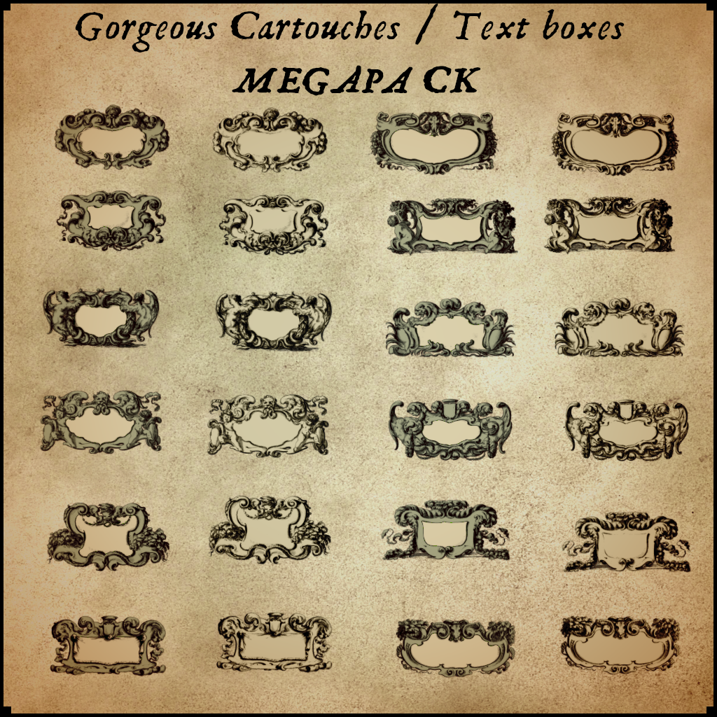 12 gorgeous and finely detailed vintage fantasy cartouches / text boxes with awesome ornamental frames ! (Each with sample color version & custom color version)