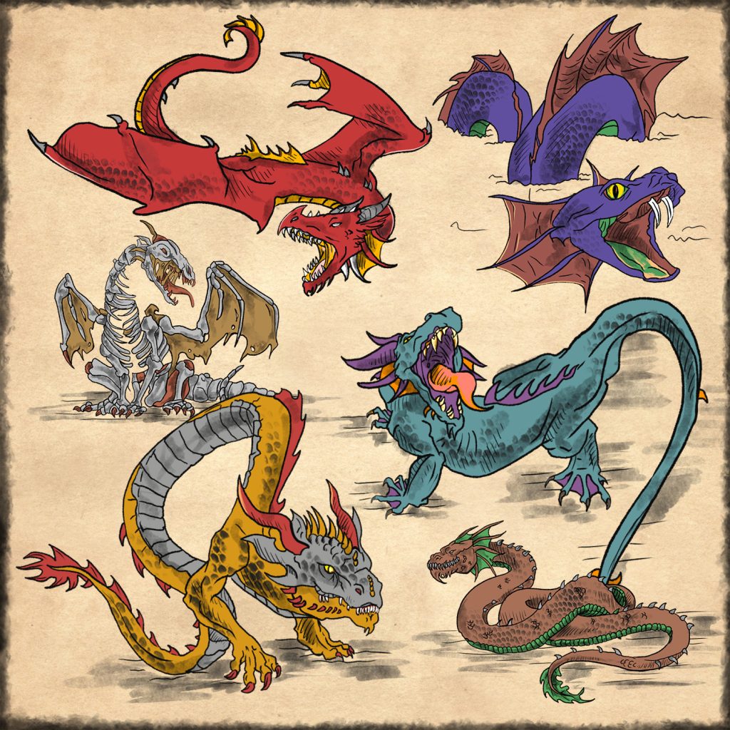 12 Pieces Colored Dragons Oldschool Isometric Drawings