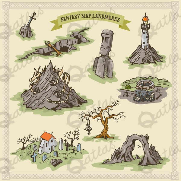 Fantasy Map Landmarks ruins, monoliths, statues