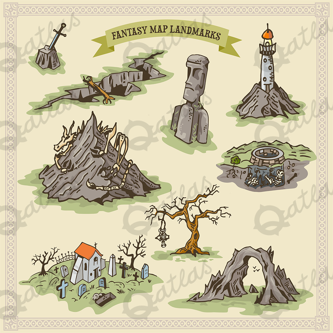 FANTASY MAP LANDMARKS Graveyard Bone Dragon Lighthouse Chasm 