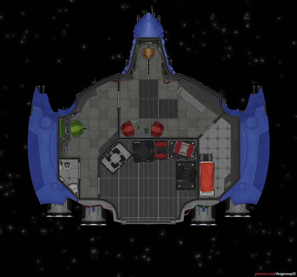 This is a small cargo shuttle of the Hypni-class, refitted to serve a small 
space-adventurer group (2-4) as a means of transport and shelter.