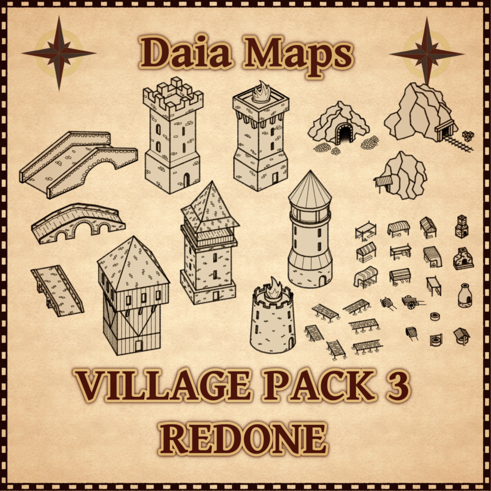 DAIA'S VILLAGE PACK 3 - REDONE: Medieval Bridges, Towers, Lighthouses, Mines, Markets, Wells, Furnaces, Docks & Carts