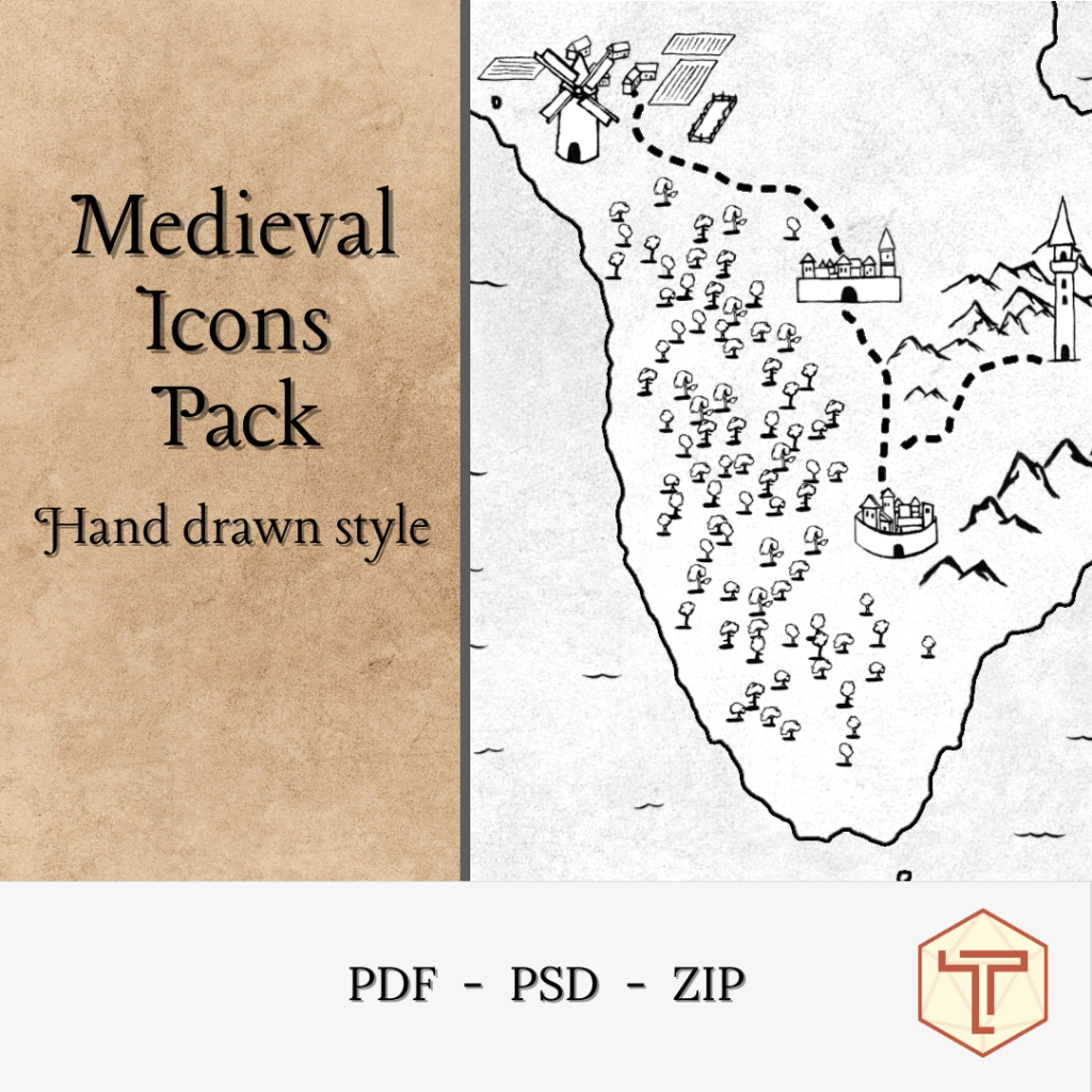 A collection of 62 medieval handrawn style assets, with both blank and white backgrounds, for b&w maps.