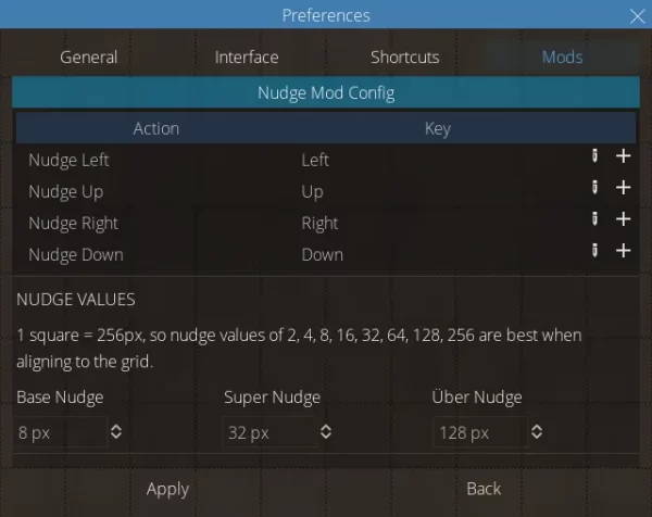 Nudge Mod Config settings window