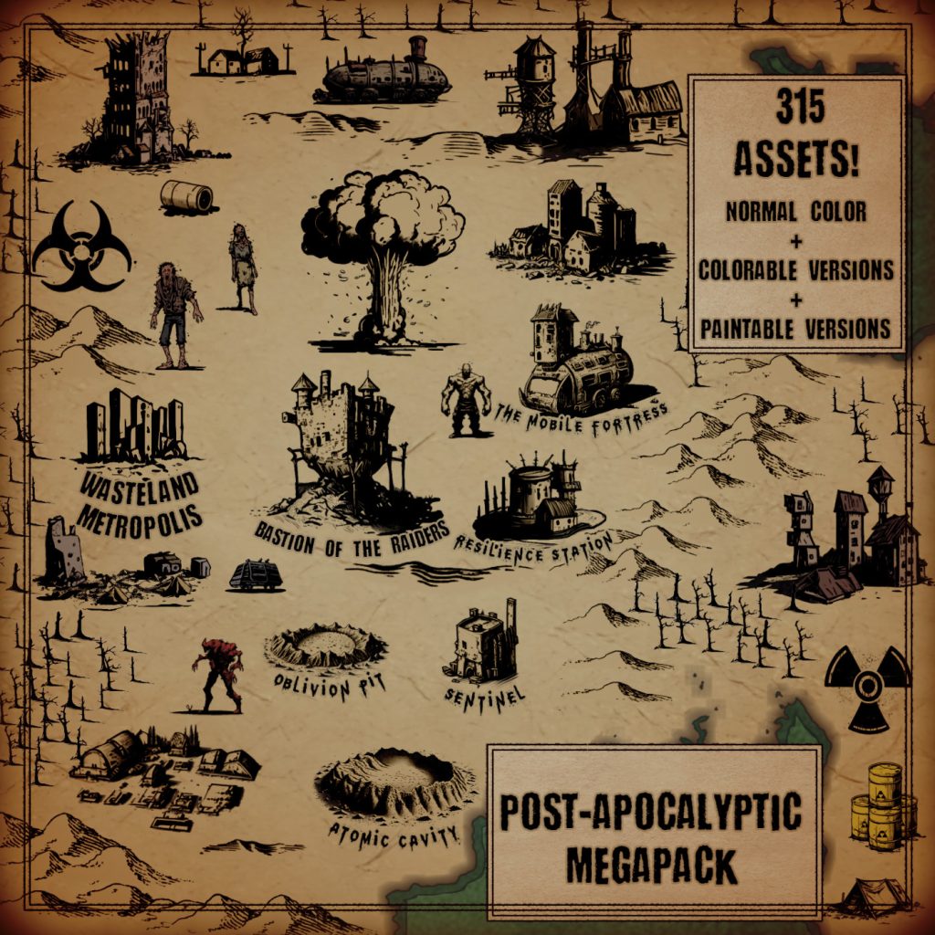 wonderdraft assets theme post-apocalyptic towns, cities, city, bunker, bunkers, vehicle, vehicles, shelters, mutants, toxic wastes, hamlets, craters
