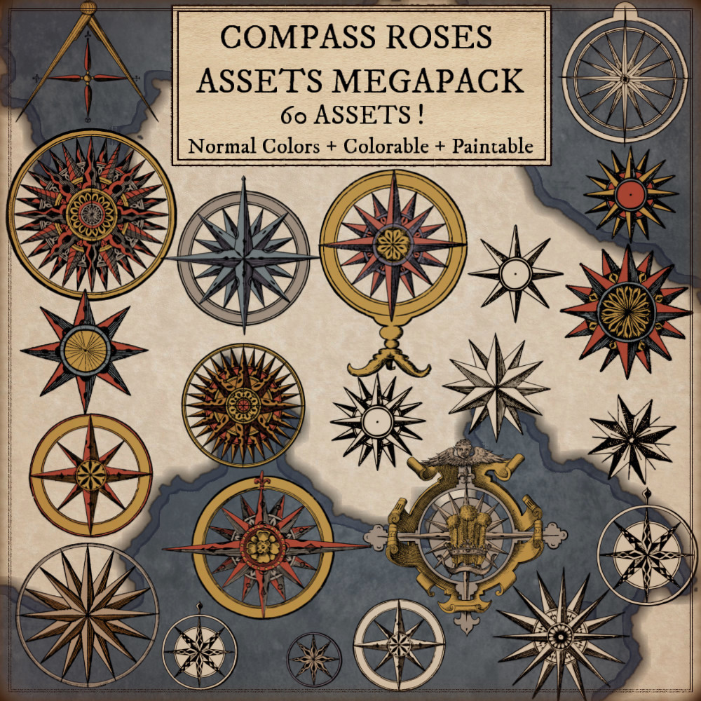 compass roses, wind roses, wonderdraft assets, old cartography antique megapack