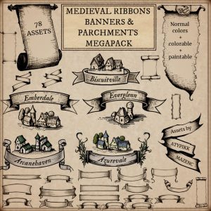 wonderdraft assets, ribbons, banners, parchment scrolls assets fantasy medieval vintage