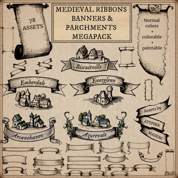 wonderdraft assets, ribbons, banners, parchment scrolls assets fantasy medieval vintage