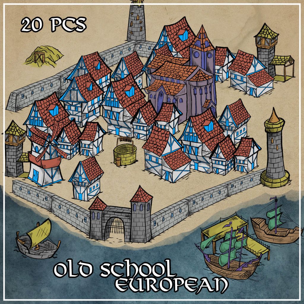 20 pieces colored European isometric settlements