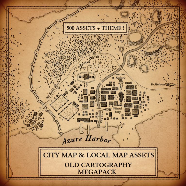 Old Cartography top down city buildings & loc...