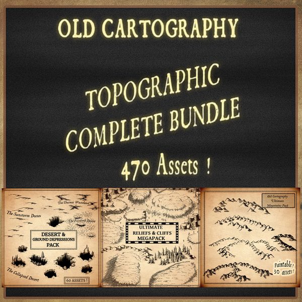 Wonderdraft assets, mountains, cliffs, desert dunes, rifts, sinkholes,chasms, old cartography