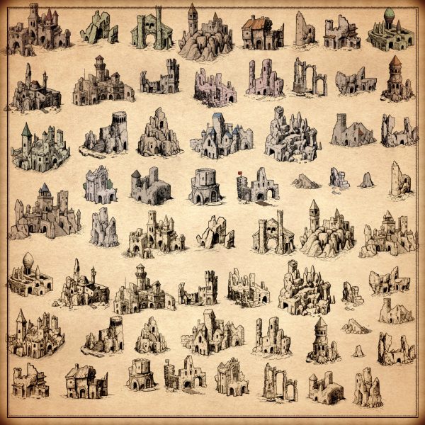 wonderdraft assets, vintage cartography, ruins, ruined buildings, ruined towns, abandoned towns