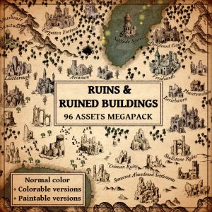wonderdraft assets, vintage cartography, ruins, ruined buildings, ruined towns, abandoned towns