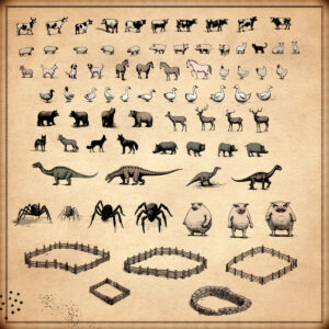 wonderdraft assets, old cartography symbols, farm animals, wildlife, beasts, giant spiders, cattle pens