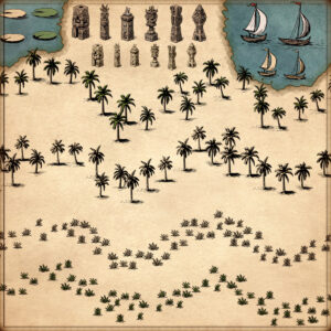vintage assets, tribal and tropical assets, african towns, stilt towns, villages, volcanoes, palm trees, Wonderdraft