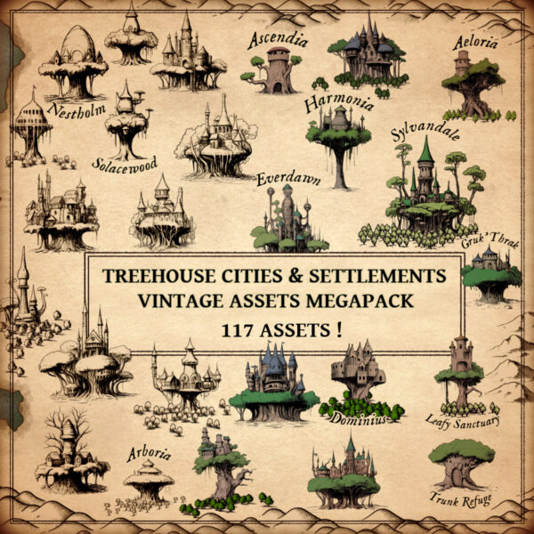wonderdraft assets, vintage cartography, treehouse settlements, elven town and cities assets