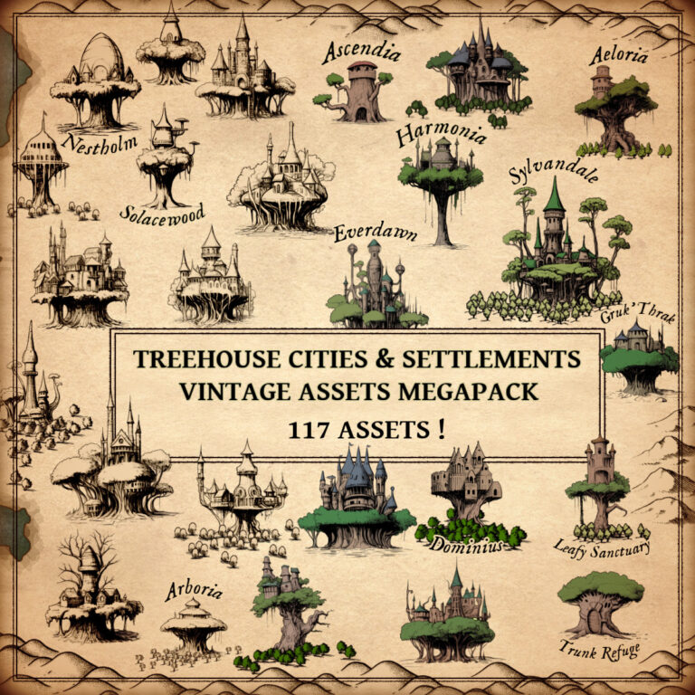 wonderdraft assets, vintage cartography, treehouse settlements, elven town and cities assets