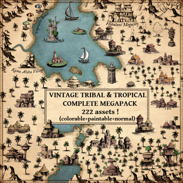 vintage assets, tribal and tropical assets, african towns, stilt towns, villages, volcanoes, palm trees, Wonderdraft