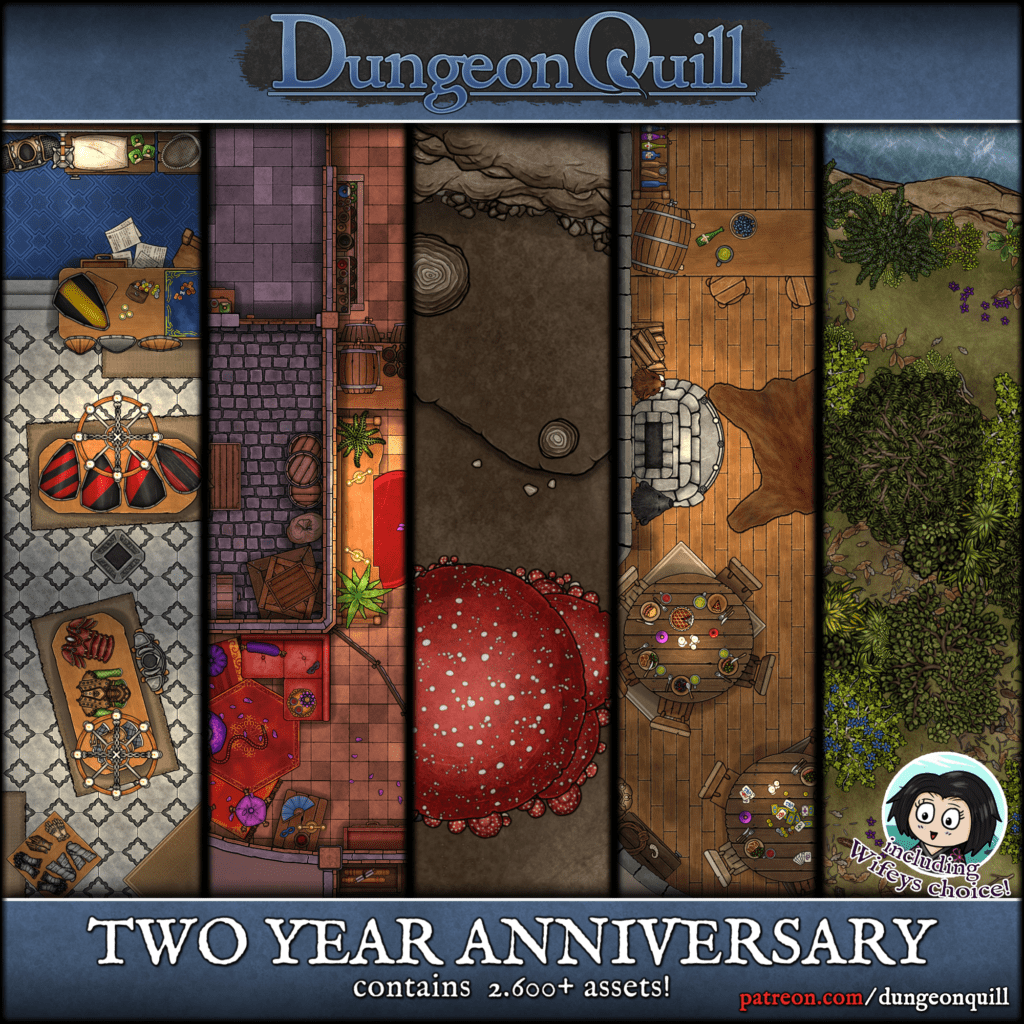 A huge free asset pack to celebrate my 2 year anniversary of creating assets. Available as Dungeondraft file and individual .webp-files.