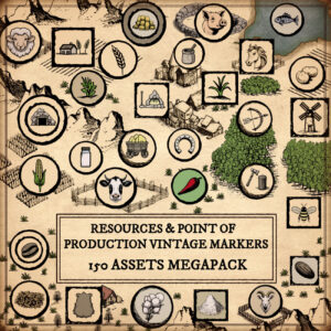 wonderdraft assets, vintage landmarks, vintage markers, point of production and resources symbols