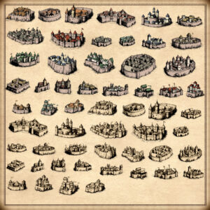 wonderdraft assets, old cartography fantasy map assets, medieval walled cities, medieval walled towns