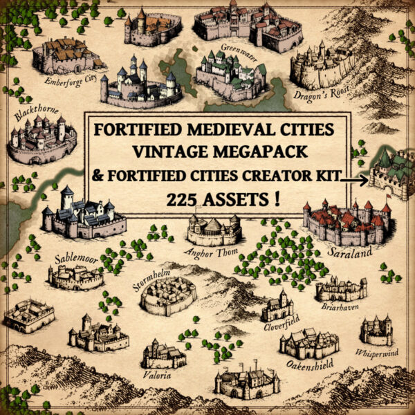 wonderdraft assets, old cartography fantasy map assets, medieval walled cities, medieval walled towns