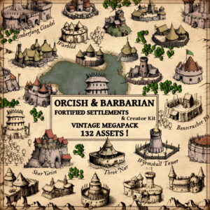 wonderdraft assets, vintage old cartography assets for fantasy maps, orcish and barbaric settlements and towns