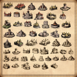 wonderdraft assets, vintage old cartography assets for fantasy maps, orcish and barbaric settlements and towns