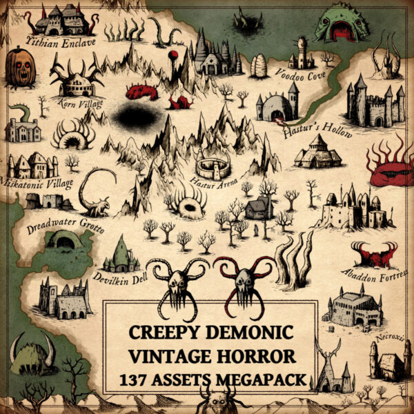 Wonderdraft assets, vintage fantasy map assets, demonic lovecraftian horrors, creepy symbols and map elements, antique