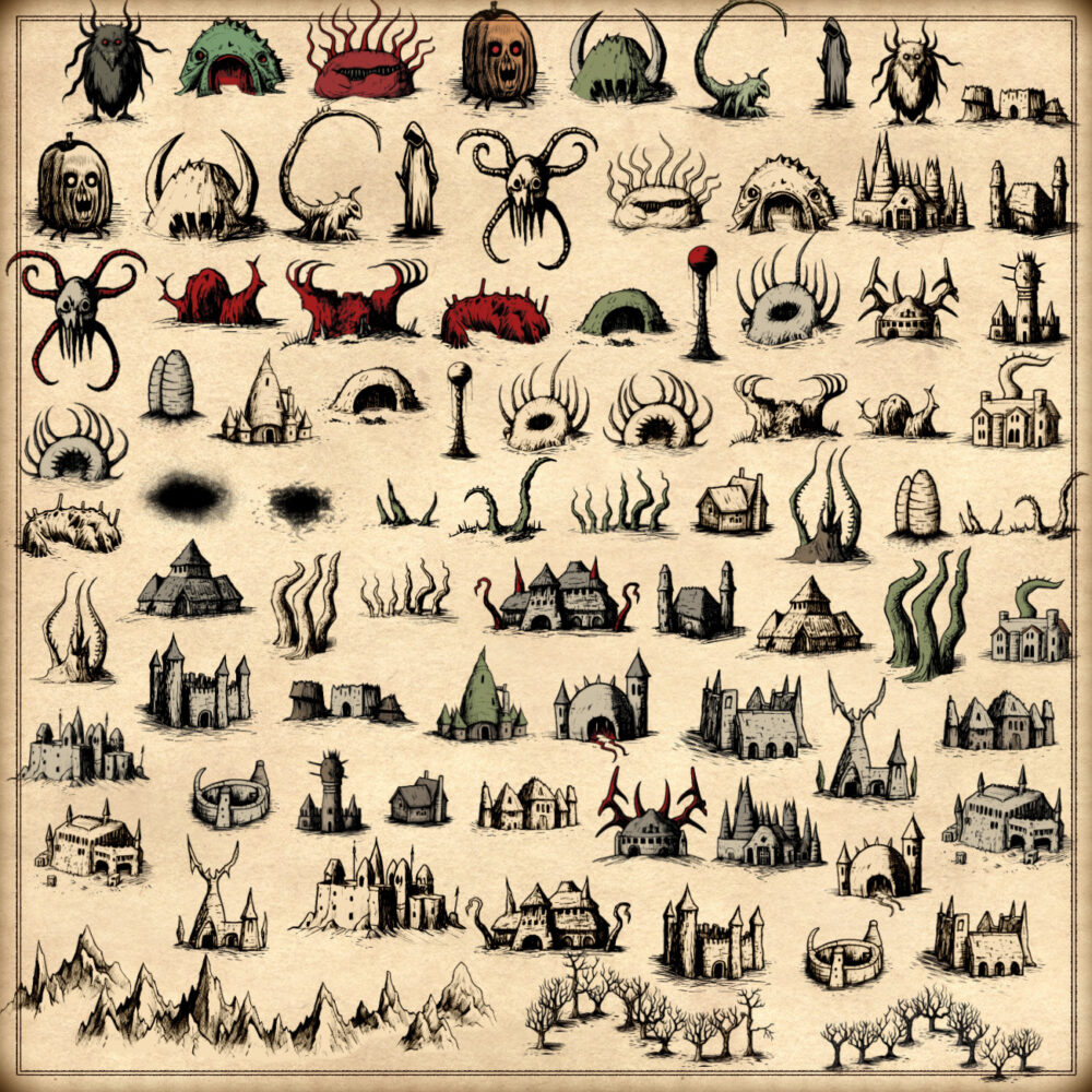 Wonderdraft assets, vintage fantasy map assets, demonic lovecraftian horrors, creepy symbols and map elements, antique