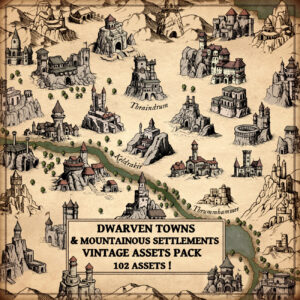 wonderdraft assets, dwarf towns, dwarven settlements, mining towns, mountains, cartography symbols, dwarven towns