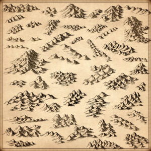 wonderdraft assets, mountains and hills symbols, vintage cartography assets, mountain ranges, hill ranges