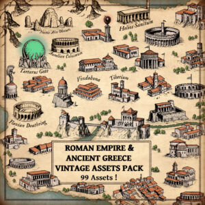 wonderdraft assets, roman empire and ancient greece settlements, towns, arenas, antique cartography, fantasy map symbols