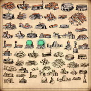 wonderdraft assets, roman empire and ancient greece settlements, towns, arenas, antique cartography, fantasy map symbols