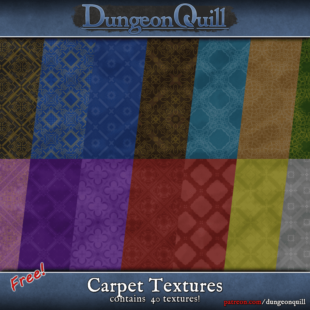 Time to fancy up your place with these elegant carpet patterns. A nice fit for mansions, throne rooms, guild halls or any other place that screams money!All textures are available in numerous color options!Have fun mapping!