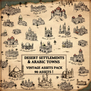 wonderdraft assets, cartography assets, fantasy map symbols, desert settlements, arabic towns, desert castles, fantasy map elements
