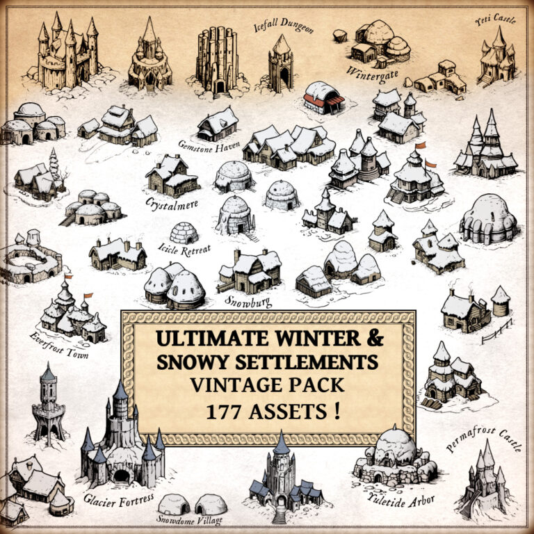 wonderdraft assets, snowy settlements and snowy towns, cartography assets, fantasy map