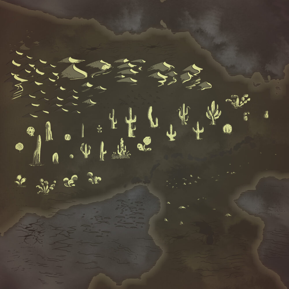 Tiffany Munro Feed the Multiverse Lil Desert Region Biome Terrain Assets for Wonderdraft cactus cracks rocks textures paths themes symbols custom trees custom mountains colorable and lineart