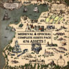 vintage cartography assets, wonderdraft map symbols, settlements, towns, villages, farm fields, ships, cartouches, trees, castles