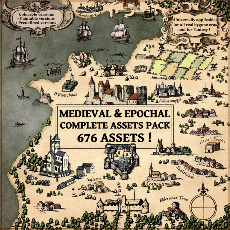 vintage cartography assets, wonderdraft map symbols, settlements, towns, villages, farm fields, ships, cartouches, trees, castles